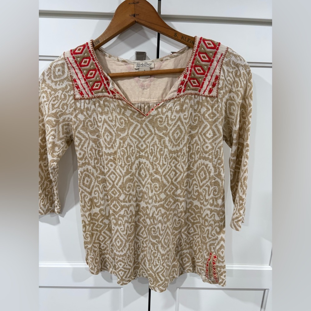 Lucky Brand Beige and Red Embroidered V-Neck Tunic